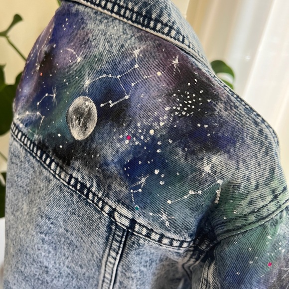 Galaxy Hand Painted Vintage Retro Denim Jean Jacket S/M - Picture 8 of 13